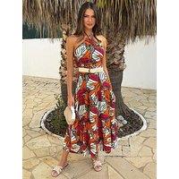 Ax Paris Butterfly Print Halterneck Straw Belt Tiered Midi Dress - Multi