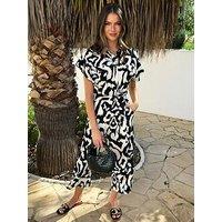 Ax Paris Abstract Print Button Front Collared Tie Waist Jumpsuit - Multi