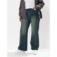 Yours Curve Raw Side Seam Wide Leg Jeans - Blue