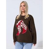 Yours Curve Cowboy Boot Jumper - Brown