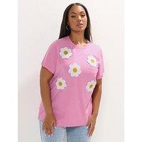 Yours Curve Applique Daisy T-Shirt - Pink