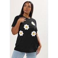 Yours Curve Applique Daisy T-Shirt - Black