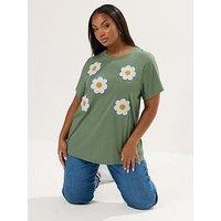 Yours Curve Applique Daisy T-Shirt - Green