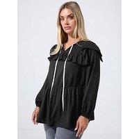 Yours Curve Frill Neck Contrast Blouse - Black