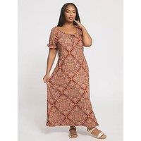 Yours Curve Textured Milkmaid Dress - Brown