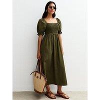 New Look Light Khaki Puff Sleeve Midi Dress
