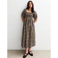 New Look Brown Checked Puff Sleeve Seersucker Midi Dress