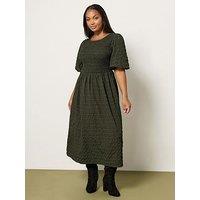 Yours Curve Textured Shirred Check Dress - Green
