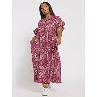Yours Curve Frill Sleeve Midaxi Dress - Red