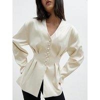 Pretty Lavish Amora Collarless Bonded Satin Jacket - Cream