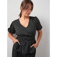 V By Very Curve Spot Bow Peplum Top - Print
