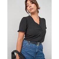 V By Very Curve Frill Trim Button Top - Black