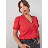 V By Very Curve Frill Trim Button Top - Red