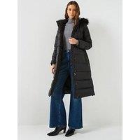 Lauren By Ralph Lauren Faux Fur Trim Padded Hooded Coat - Black