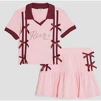 River Island Older Girls Polo Shirt & Skirt Bow Set - Pink