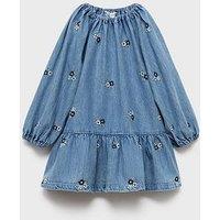 Mango Younger Girls Floral Long Sleeve Denim Dress - Blue