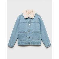 Mango Girls Faux Fur Collar Denim Jacket - Blue