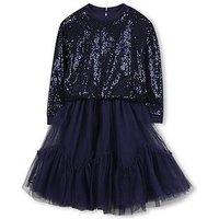 Billieblush Girls Sequin Top Mesh Skirt Dress - Navy