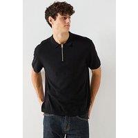 Jack & Jones Zip Through Short Sleeve Knitted Polo Top - Black