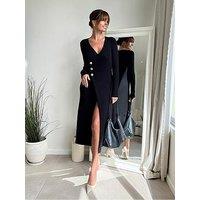 Style Cheat Mix Button Wrap Midi Knitted Dress - Black