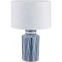Pacific Lifestyle Samara Blue And White Aztec Pattern Ceramic Table Lamp Base With Lino 35Cm White Self Lined Linen Cylinder Lampshade