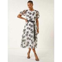 Roman Floral Organza Belted Dress - White