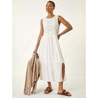 Roman Crochet Bodice Midi Dress - White