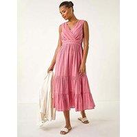 Roman Embroidered V-Neck Midi Dress - Pink