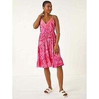 Roman Paisley Print Strap Frill Dress - Pink