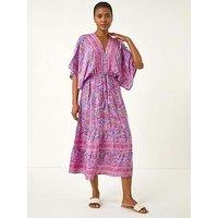 Roman Paisley Print V-Neck Midi Dress - Purple