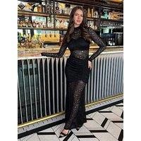 Ax Paris Lace Overlay Long Sleeve Fishtail Maxi Dress - Black