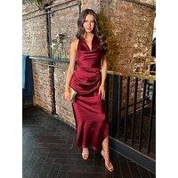 Ax Paris Satin Cowl Neck Cross Back Midi Dress - Red