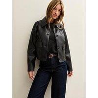 New Look Faux Leather Button Through Patch Pocket Jacket - Black