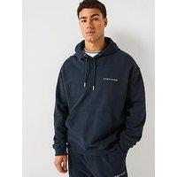 Lyle & Scott Script Brushback Heavyweight Relaxed Pullover Hoodie- Navy