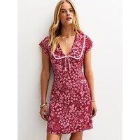 New Look Floral Print Collared Mini Dress - Burgundy