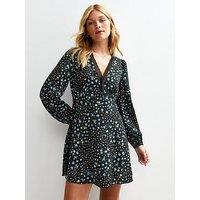 New Look Floral Print Lace Trimmed V-Neck Mini Dress - Black
