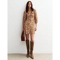 New Look Floral Print Ruffle Collar Mini Dress - Cream