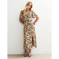 New Look Brown Floral Print Ruffle Trim Midi Dress - Yellow