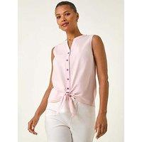 Roman Contrast V-Neck Tie Front Blouse - Pink