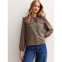 New Look Checked Print Frill Collar Shirt - Brown