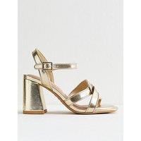 New Look Wide Fit Gold Metallic Twist Strap Block Heel Sandals