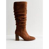 New Look Tan Faux Suede Ruched Knee High Boots - Brown Tan
