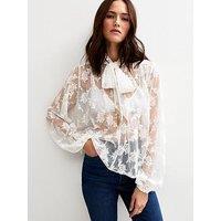 New Look Floral Lace Pussybow Blouse - White