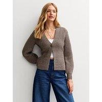 New Look Ribbed Knit Single Button Cardigan - Brown