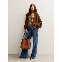 New Look Tan Stitch Knit Balloon Sleeve Cardigan - Brown