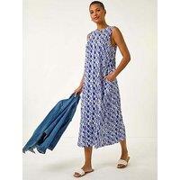 Roman Geo Print Pocket Midi Dress - Blue