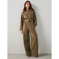 The Very Collection Long Sleeve Faux Suede Jumpsuit - Green
