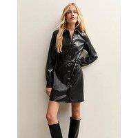 New Look Black Faux Leather Button Up Mini Shirt Dress