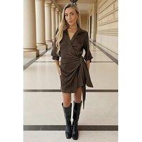 Ax Paris Faux Suede Wrap Shirt Dress - Green
