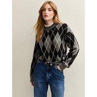 New Look Argyle Crew Neck Midweight Knit Jumper - Grey